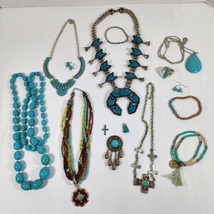 Native American Style Costume Jewelry Navajo Faux Turquoise Silver Tone Lot 15